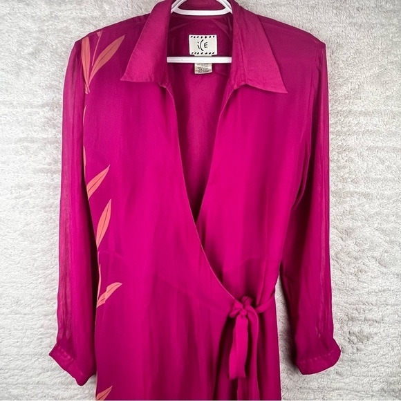 Vintage ICE Women’s Silk Chiffon Fairy Wrap Dress Pink Tropical Palm Print Sz 14 - Picture 2 of 16